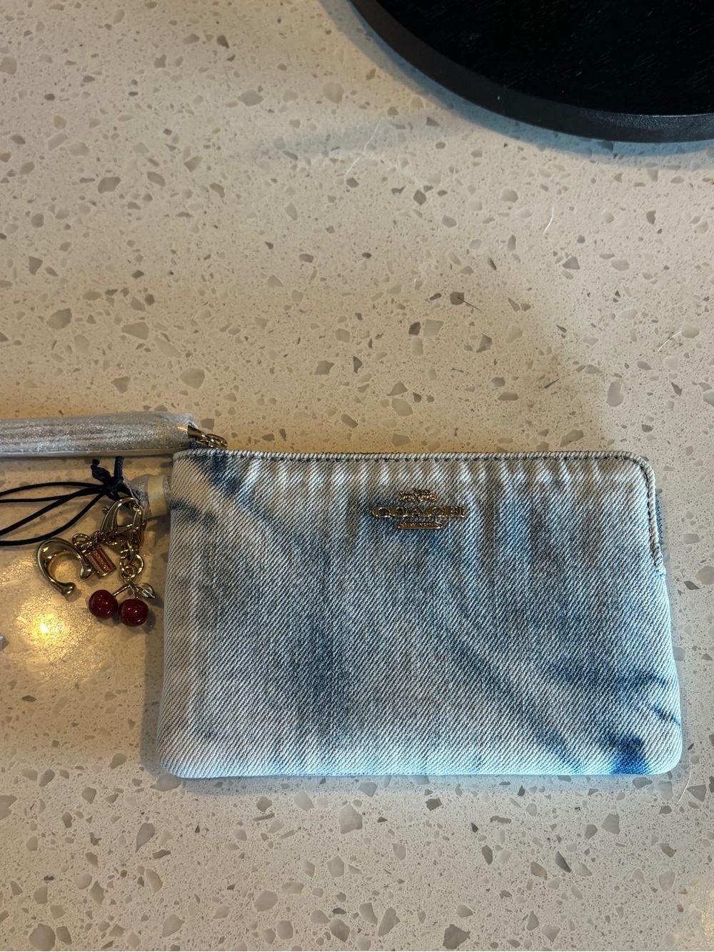 Coach Loved Denim Blue Wristlet Bag with Gold Logo and Cherry Charms! 🍒 NEW - Picture 2 of 8